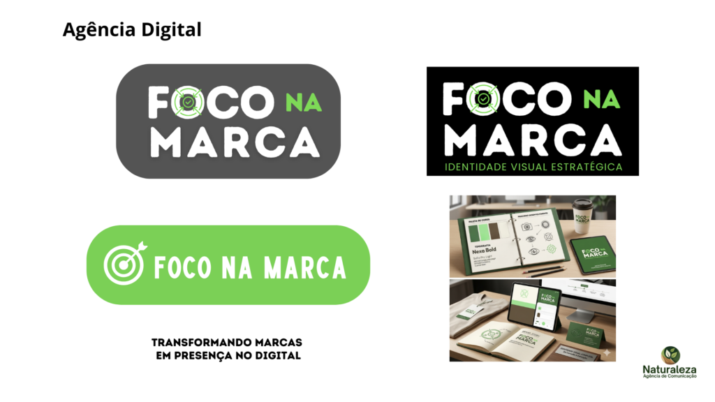 Desenvolvimento de identidade visual completa para agência digital, incluindo logotipo e aplicação da marca em diferentes contextos e formatos.